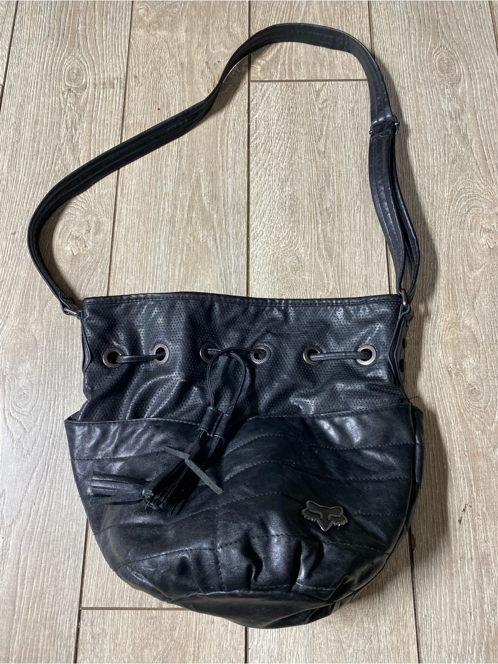 Vintage Y2K Fox Racing Black Faux Leather Bucket Bag Drawstring Crossbody Purse
